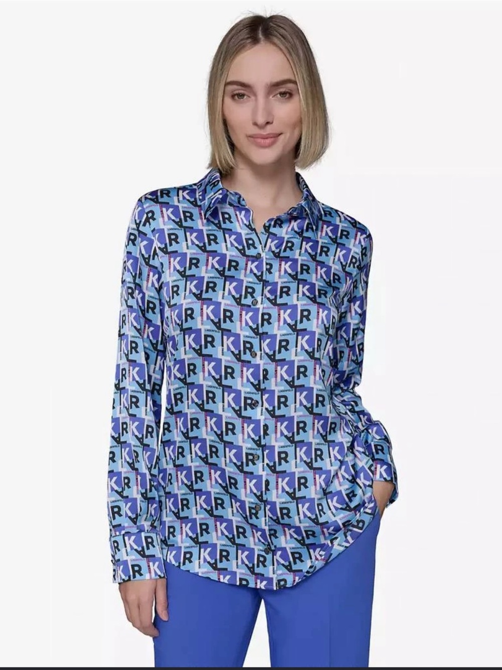 NWT Karl Lagerfeld Sz Large Women’s Blue All-over Logo Long Sleeve Blouse Rt $99
